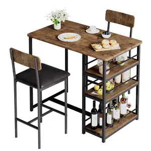Space-Saving 3 Piece Dining Table Set for 2 – Bar Table with 2 Upholstered PU Stools, 3 Storage Shelves – Modern Kitchen or Breakfast Nook Furniture for Apartment