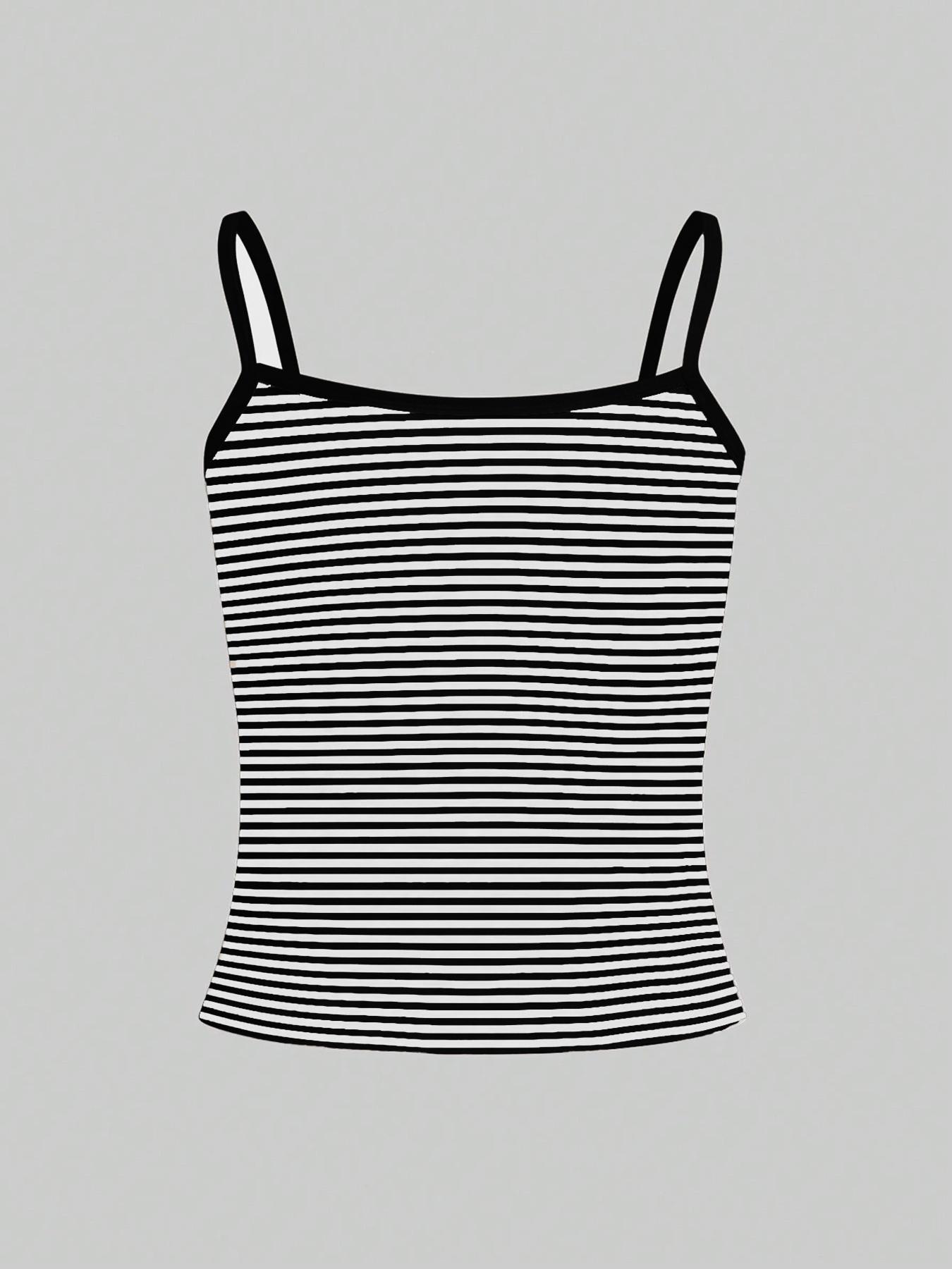 Women's Striped Print Contrast Binding Cami Spaghetti Strap Top, Casual Sleeveless Spaghetti Top for Daily Wear, Ladies Clothes for All Seasons