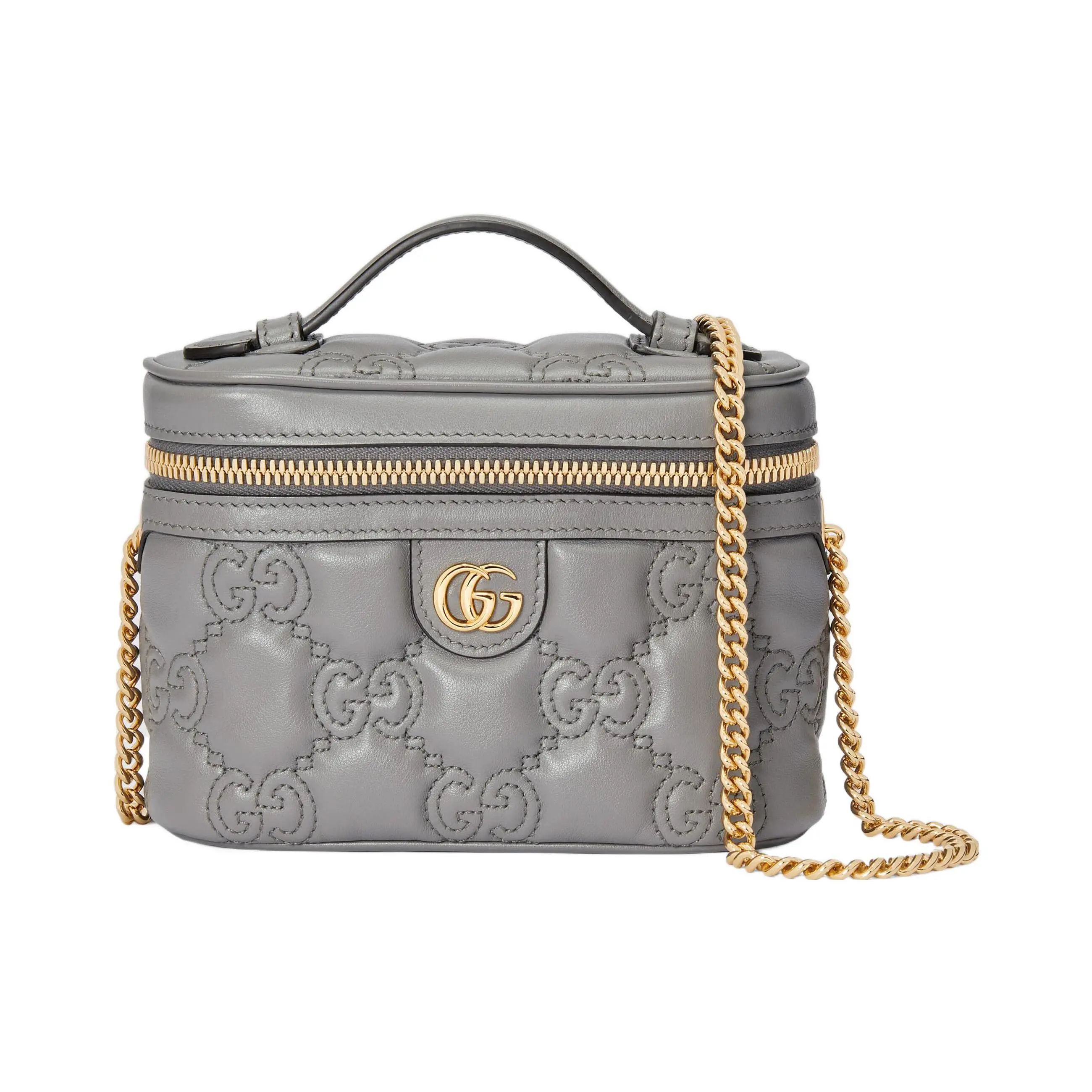 Gucci GG Matelassé Mini Leather Handbag with Gold Logo Chain Detail for Women, Gray