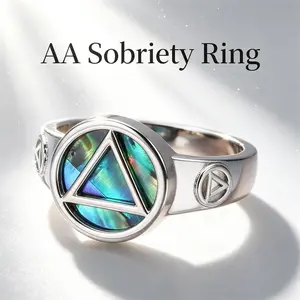 AA Sobriety Ring for Women Zinc Alloy Abalone Shell Triangle Symbol Side AA Emblem Alcoholics Anonymous Recovery Jewelry Meaningful New Beginnings Inspirational Sober Anniversary Encouragement Gift for Friend Self Reminder Fashion Finger Ring