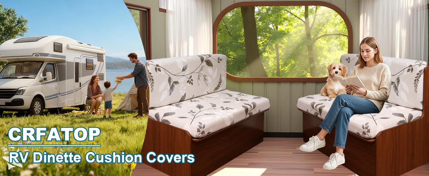 CRFATOP 2 Sets RV Dinette Cushion Covers Printed Camper Cushion Slipcover Stretch 2 Seat Sofa Chair Cover Furniture Protector for RV Camper Car Bench 2 Backrest Covers & 2 Bench Covers,01