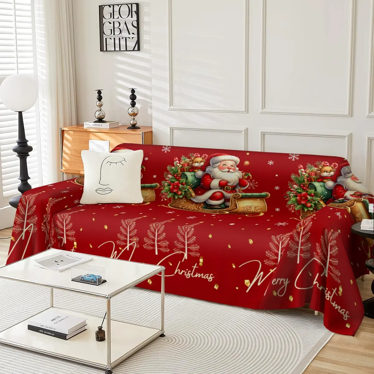 Red background Santa Claus sofa cover machine washable sofa towel suitable for all seasons, suitable for decorating sofas in living rooms, single to four seaters