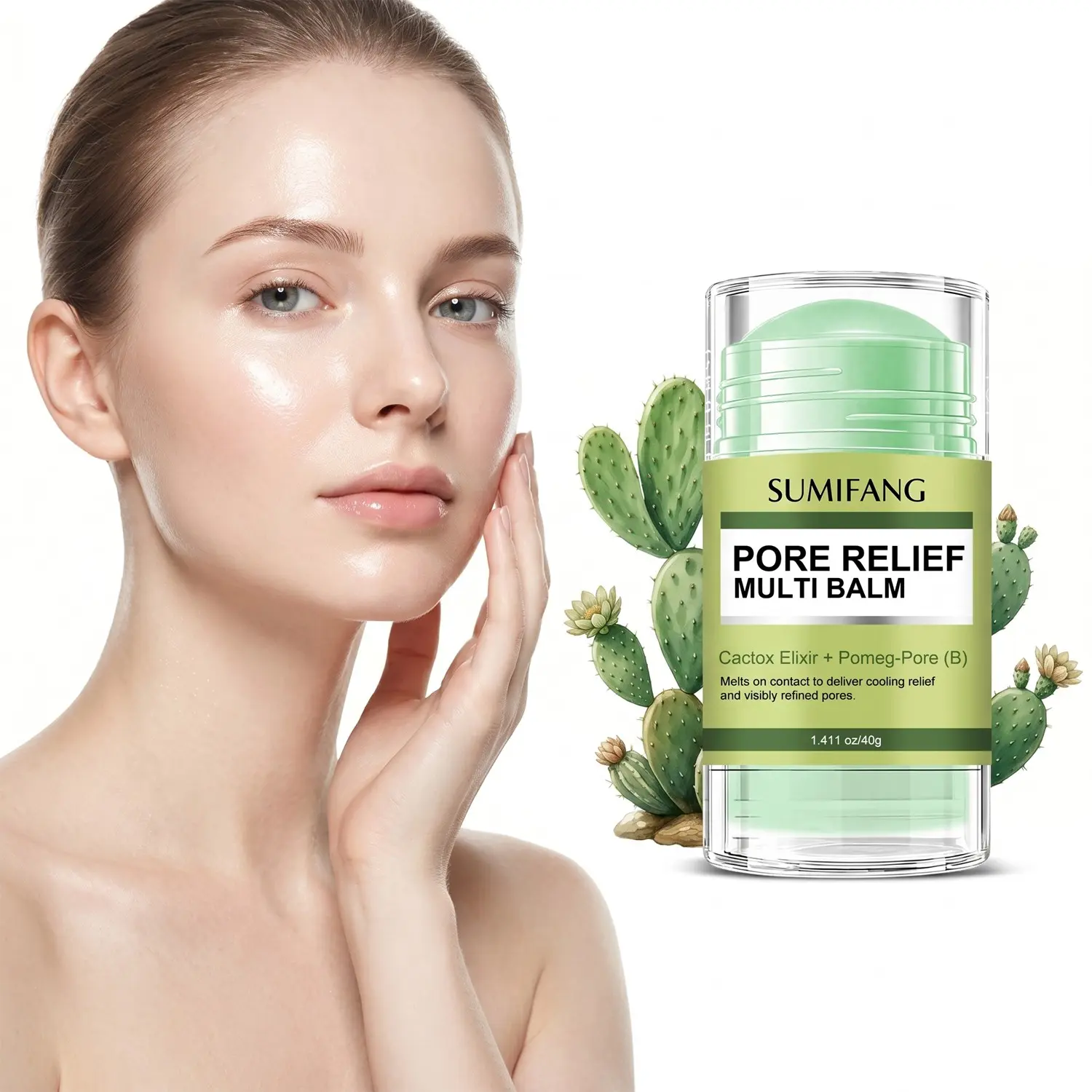 Pore-Soothing Multi-Effect Stick contains cactus extract, pomegranate fermented extract, and caffeine, provides a refreshing, soothing, moisturizing and hydrating effect, suitable for daily skincare, portable, Compact and perfect for summer