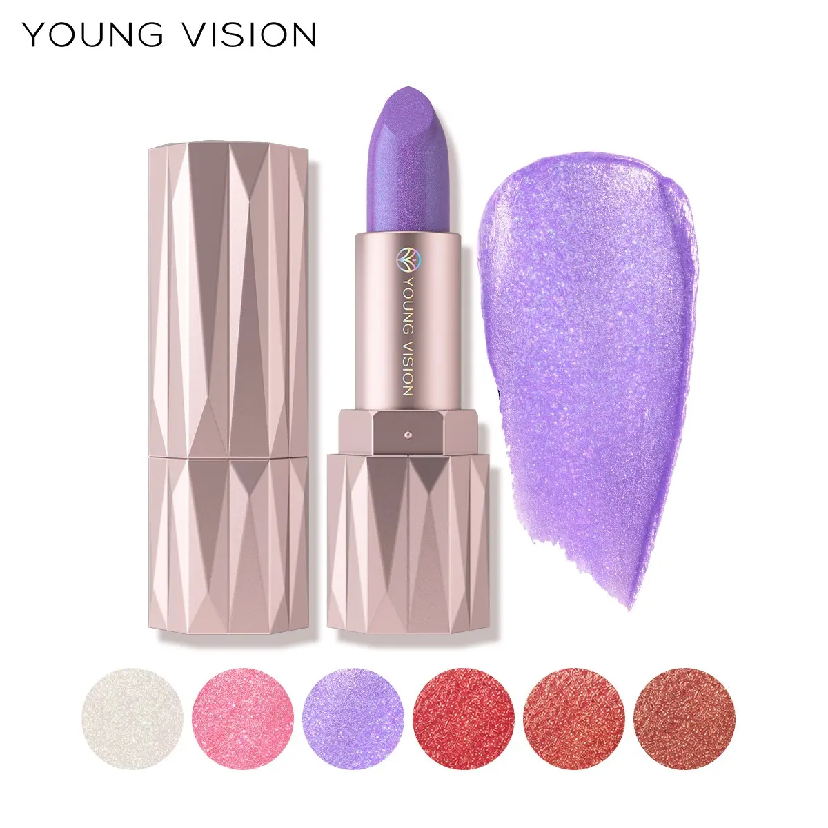 YOUNG VISION Diamond Cut Metal Tube Glossy Metallic Lipstick, Fine Gold Glitter, Six Colors Available, Multi-Functional Lip Color, Brighten Lips Cheeks Eyes