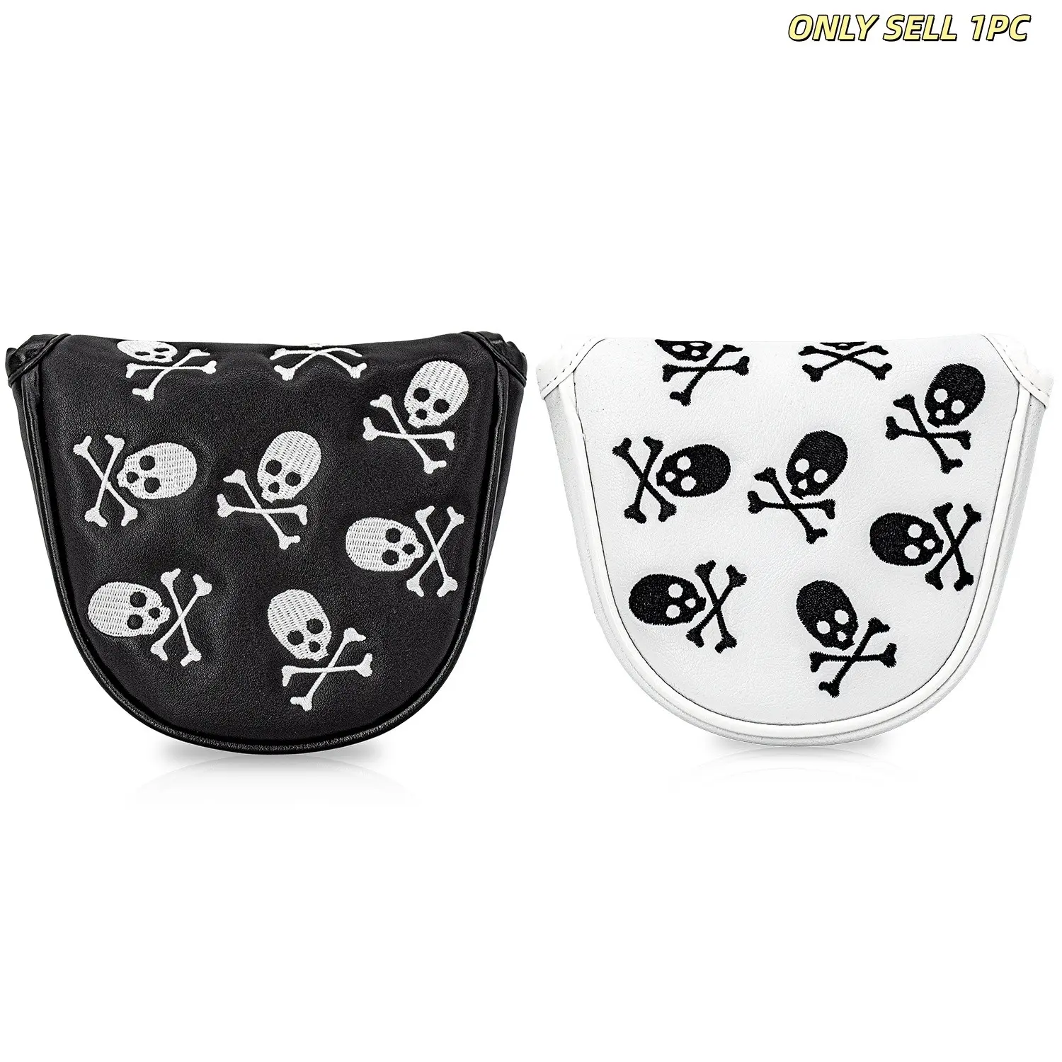 Magnetic Closure Half-Mallet Putter Cover, Skull Crossbones Pattern, High-Quality PU Waterproof, Unique Golf Gift for Golfers