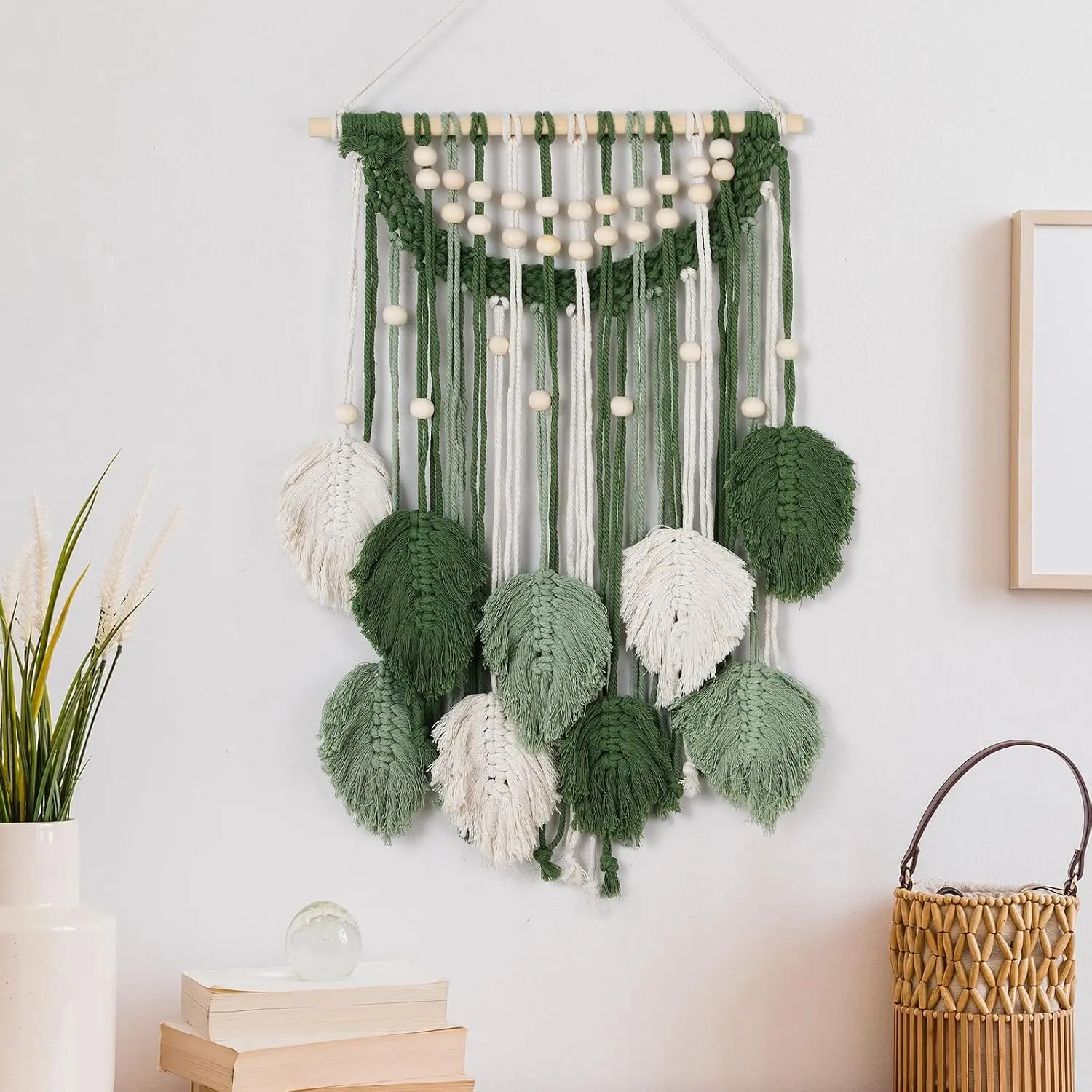 27.6'' x 15.8'' Green Macrame Wall Hanging, Boho Leaf Tapestry
