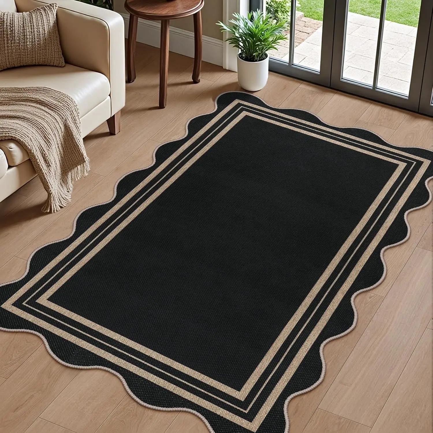 Farmhouse Scalloped Easy-Clean Jute Rectangle 3x5 Outdoor-Indoor Rug, Non-Slip Washable Entryway Black Front Door Mat for Patio Living Room