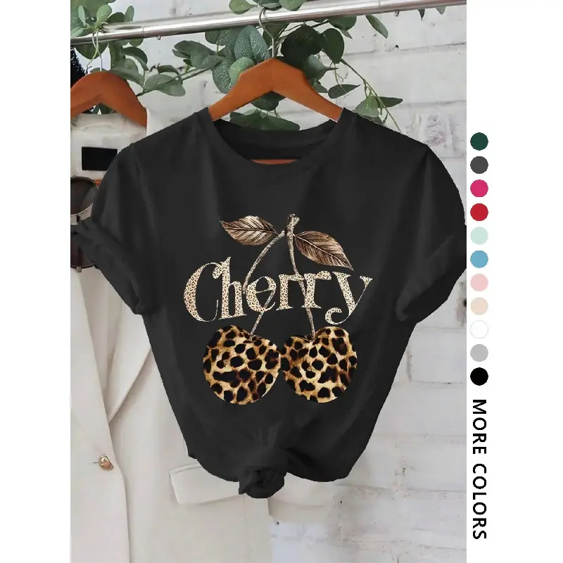 Women's Cherry & Leopard Print Round Neck Graphic T-Shirt - Vintage Trendy Streetwear Short-Sleeve Top, Daily Wear Clothes for Women, All-Season Sports & Outdoor T-Shirt