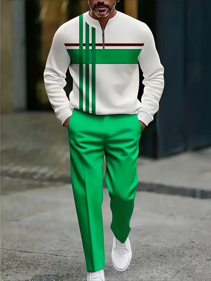 Half Zipper Fashion Casual Set with Trendy Personalized Stripe Design Simple Comfortable Versatile for Various Occasions