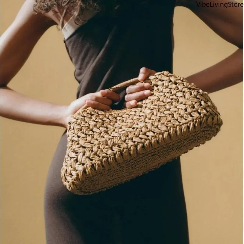 Knitted Raffia Clutch Bag, Handmade Boho Pouch for Women, Lightweight for Beach Vacation and Daily Use, Polyester, Auspicious, Business, Open, No
