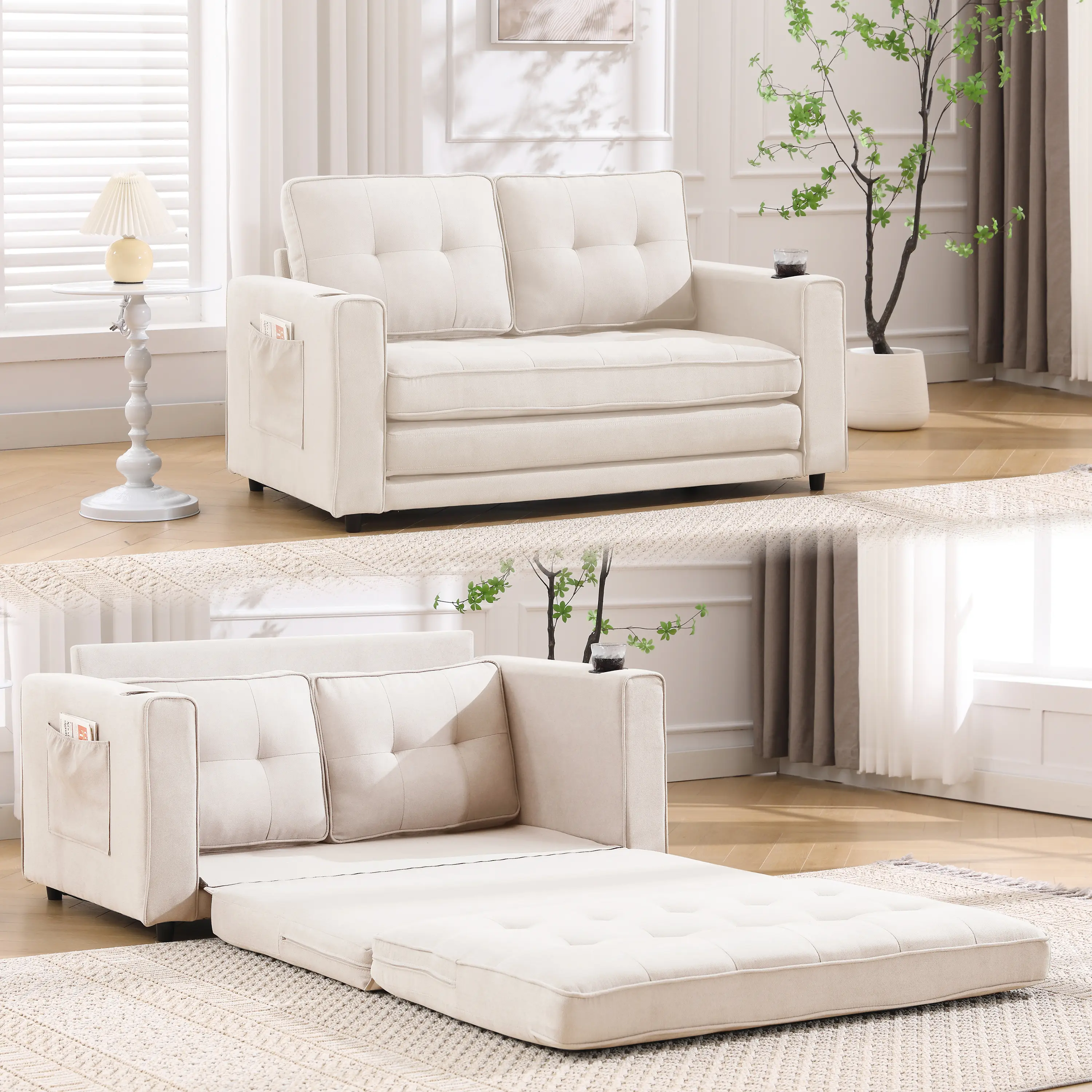 ARCH 3-in-1 Convertible Futon Sofa Bed with Pull Out Sleeper, Foldable Loveseat Couch Bed for Living Room, Home Theater, Dorm, Apartment, Beige Fabric, Foam Filled, Side Pockets & Cup Holder, Beige Color Options, Fabric Material, Product Dimensions