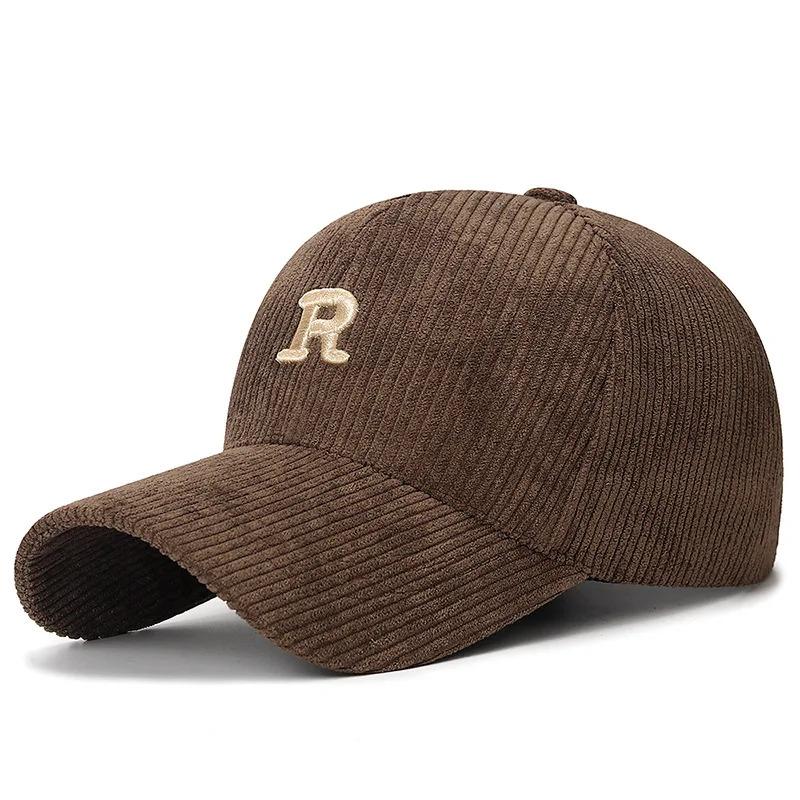 Corduroy Baseball Cap with 3D Embroidered 'R' Letter Solid Color Adjustable Structured Hat Stylish Fall and Winter Accessory