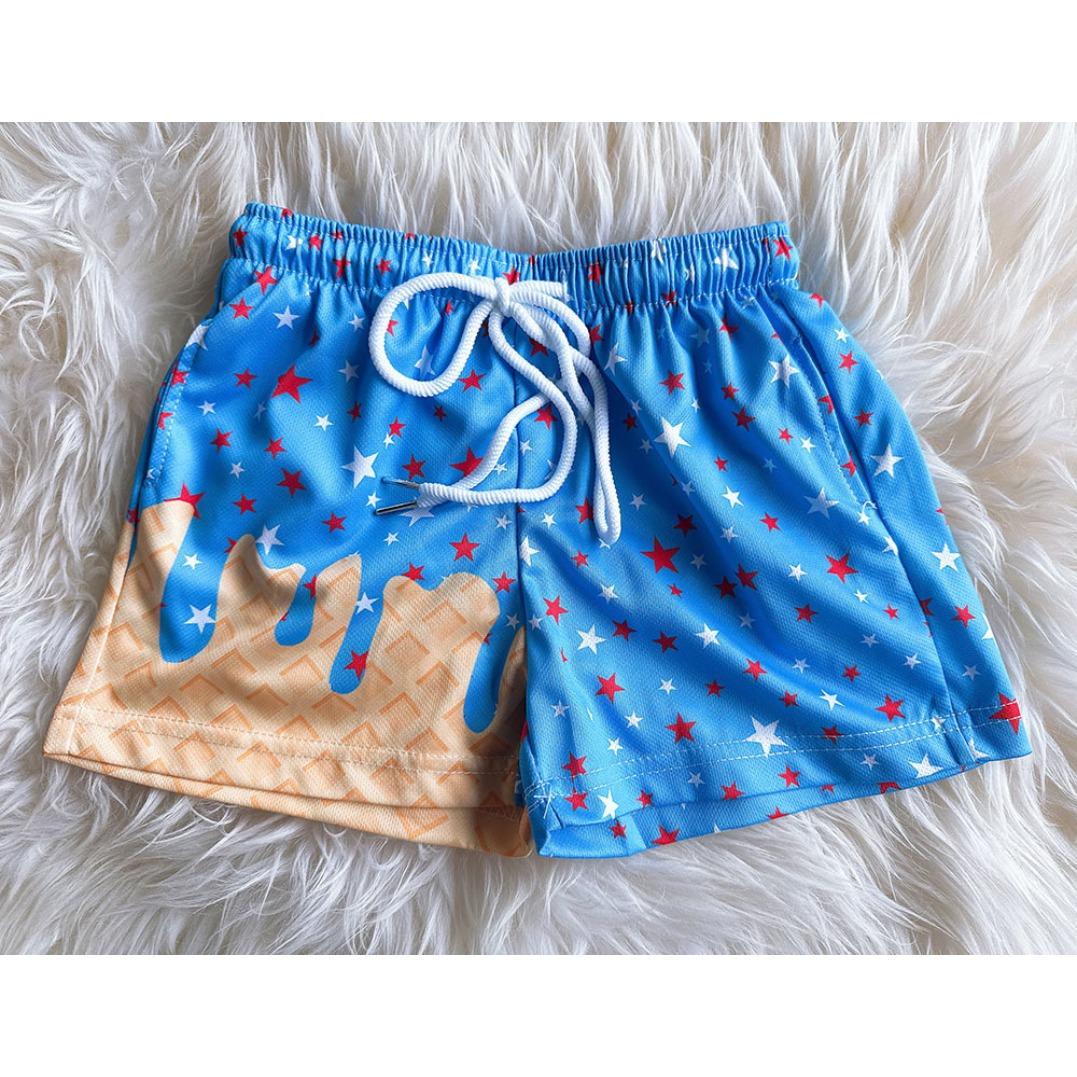 Polyester breathable 3D printed ice cream beach shorts, summer vacation loose surfing shorts, unisex fun casual sports shorts
