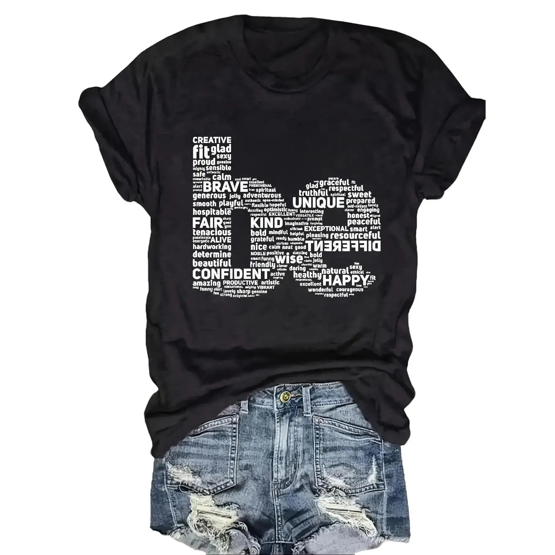 Women'S Inspirational Word Cloud Print T-Shirt - Soft Breathable Round Neck Short Sleeve, With Positive Affirmations, Medium Stretch Casual Top For Spring Summer Daily & Party Wear, Machine Washable Style Tee Tshirt