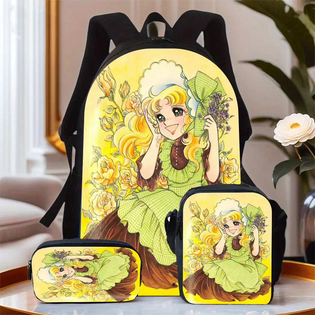 Spring fashion three-piece set with candy anime icons and comic theme, large-capacity Oxford cloth travel bag, with laptop compartment, unisex school backpack, includes pencil case and crossbody bag, hand washable - suitable for daily commuting for both m