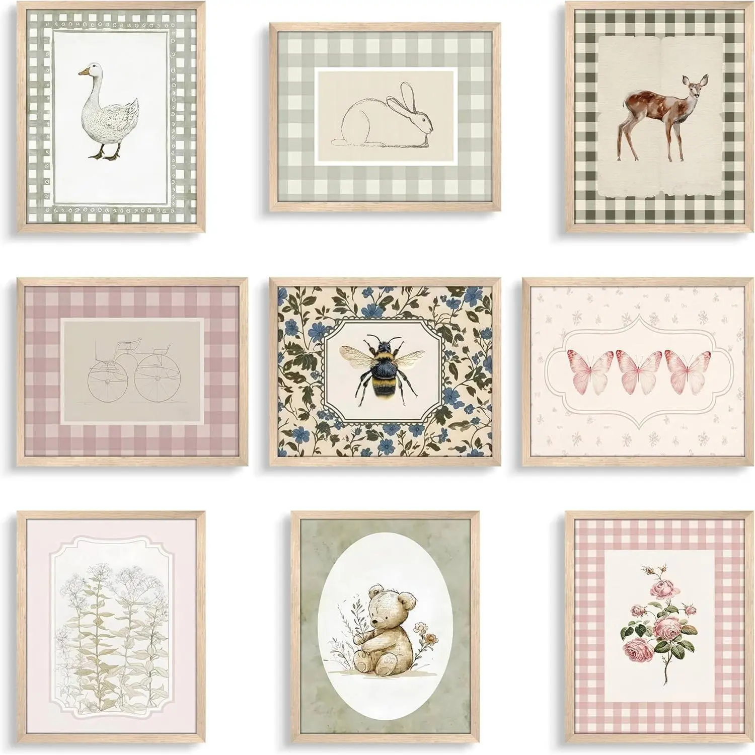 Vintage Nursery Animal Wall Art Set of 9, Cute Forest Animal Canvas Prints Poster, Rustic Cottage Farm Nursery Wall Decor Painting for Baby Kids Room Playroom, 8x10 Inch Unframed