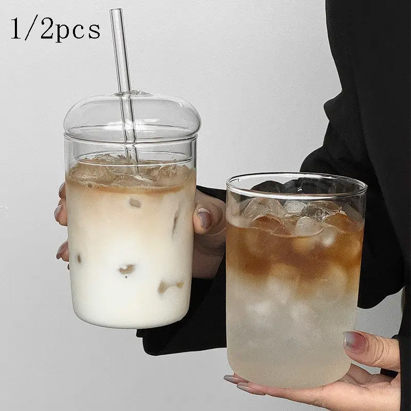 Round Glass Cup with Dust Cover and Transparent Straw, Cute Fat Cup for Iced Coffee, Milk Tea, Portable Drinking Cup