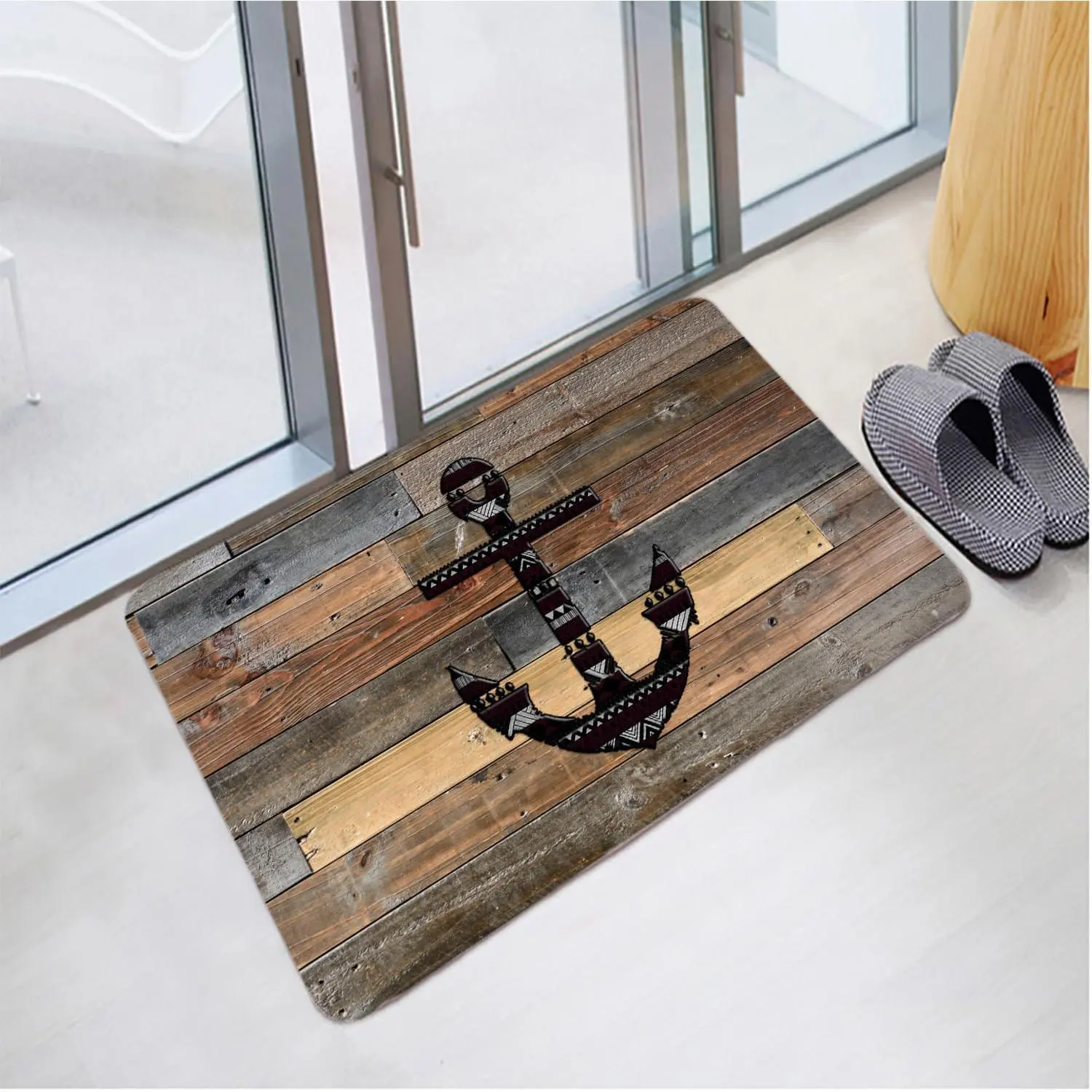 24x16 in Rectangle Rustic Anchor Bath Mat, Soft Non-Slip Memory Foam Flannel, Absorbent Bathroom Mat for Nautical Decor & Quick Shower Splash Absorption