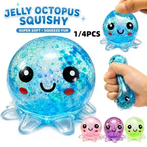 Clear Glitter Octopus Squeeze Toy, TPR Maltose Filled Stress Ball, 4 Colors Available Anxiety Relief Fidget Toy for Adults Kids