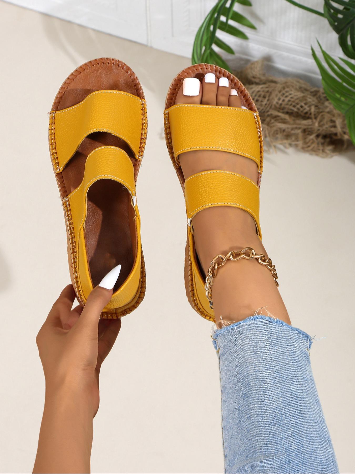 Women's Fashionable Solid Color Sandals, Leather Sandals, Elegant Sandal, Casual Comfortable Sandals for Summer, Female All-match Open Toe Sandals for Daily Wear, Walking Shoes, Footwear Strap Slides
