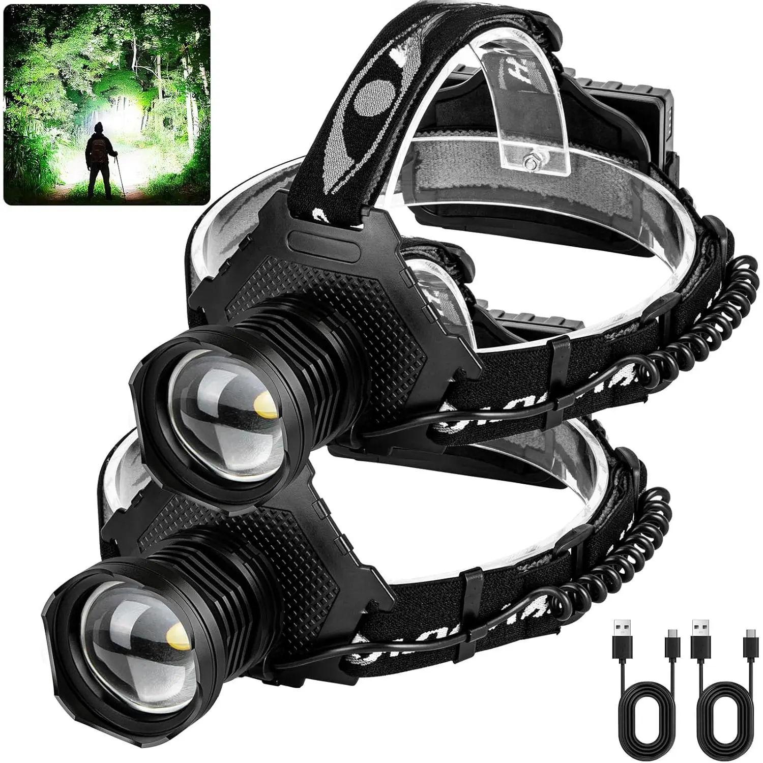 Rechargeable Headlamp, 3000 Lumens LED Super Bright Head Lamp with 5 Lighting Modes, USB Rechargeable, 90 °   Adjustable, Waterproof, Bright Headlamp  Adults Camping Biking Running(Βattery Included)