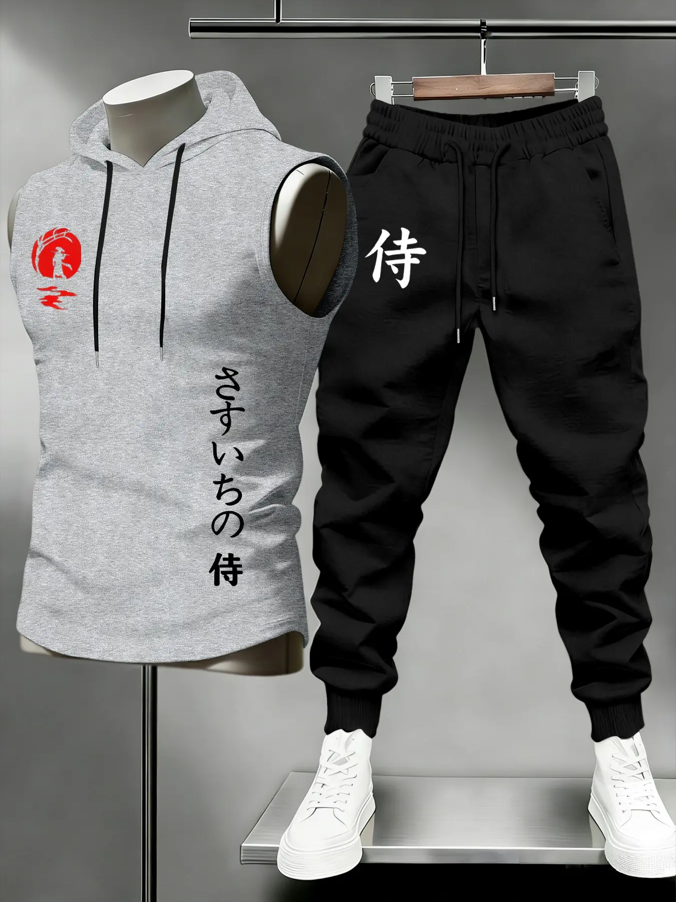 Men's Casual Loose Vest and Pants Set, Samurai Print Hoodie & Sports Pants, Ninja Streetwear, Short Sleeve, Slim Fit, Fall Fashion