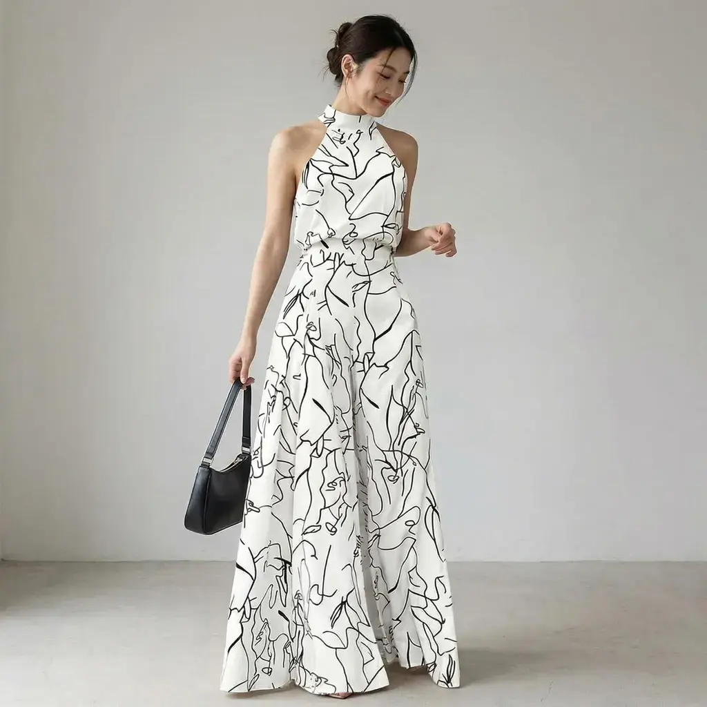 Women's All Over Print Pocket Tie Back Halter Neck Jumpsuit, Casual Sleeveless Wide Leg Fitted Jumpsuit For Summer, Ladies Elegant Fashion Clothes for Beach Holiday Vacation, Chic Casual Jumpsuit