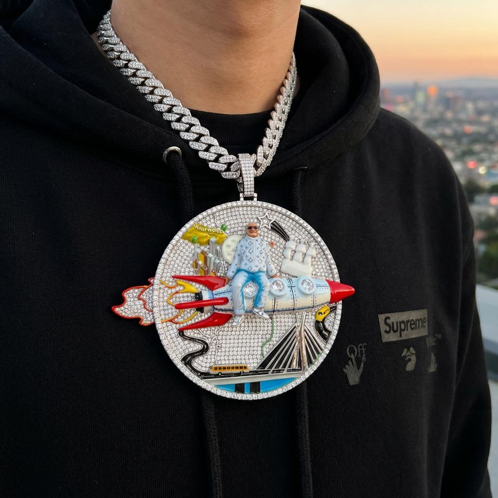 Huge Iced Out 3D Rocket Man Enamel Medallion Pendant, Colorful Cityscape Hip Hop Statement Jewelry, 925 Silver Tone with 4mm Rope Chain