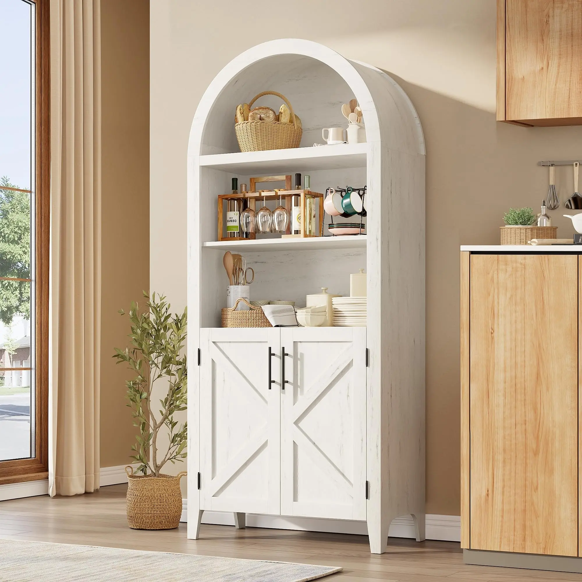 Arched Kitchen Pantry Cabinet with Doors, 5 Tier Farmhouse Display Shelf Organizer with Adjustable Shelves for Kitchen, Dining Room, Living Room & Home Office