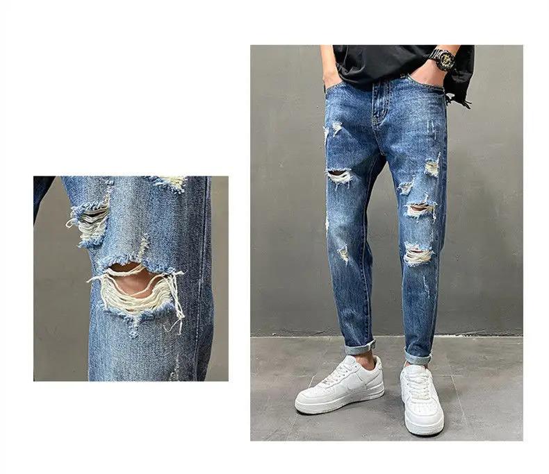 Men's Shaved Trendy Ripped Jeans Ruffian Handsome Summer Slim-fitting Pants Trendy Brand Man Clothes Designer Beggar Pants Men