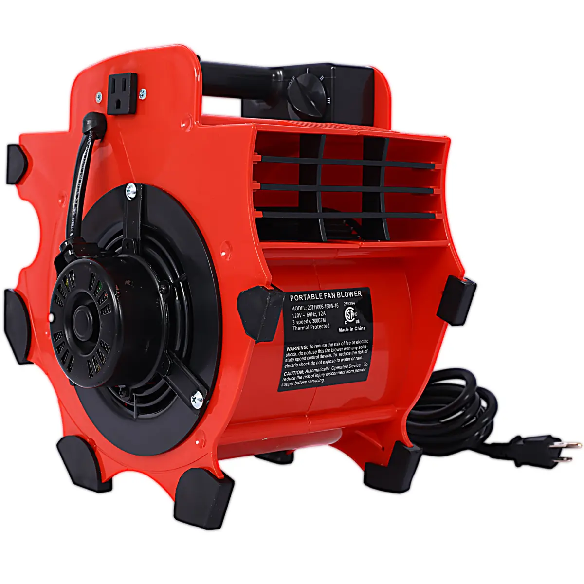 Red PC 3 Speed Portable Air Mover Blower Fan 12x8.9x11.8 Inch 300 CFM 1600RPM Overload Protection Built-in 12A Outlet CSA Certified Carpet Floor Dryer for Garage Basement Car Workshop