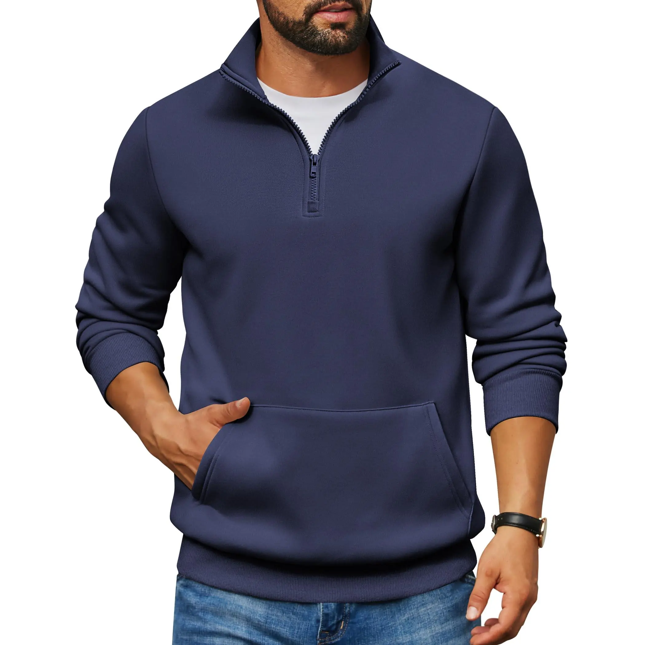 Coofandy Men's Stretch Mock Neck Quarter-Zip Fleece Pullover Top, Long-Sleeve Polyester Sweatshirt with Kangaroo Pocket, Ribbed Cuffs, Ideal for Son, Party, Work, Tops, Boyfriend