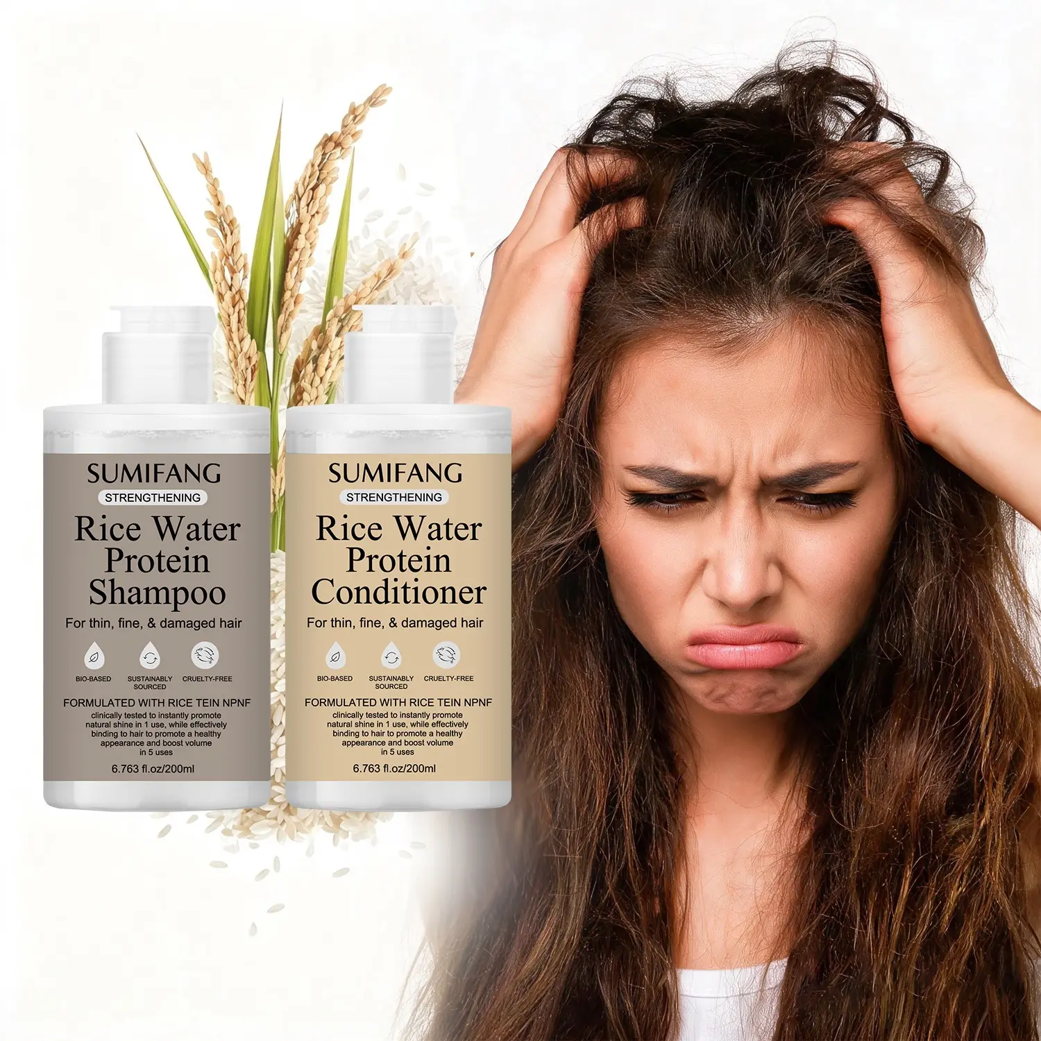 SUMIFANG Rice Water & Protein Strengthening Shampoo & Conditioner Set – Rice Water & Protein + Keratin + Coconut Oil – Strengthens Fine, Soft, and Damaged Hair | Suitable for fine, fragile hair; leaves roots voluminous and hair feeling lightweight.