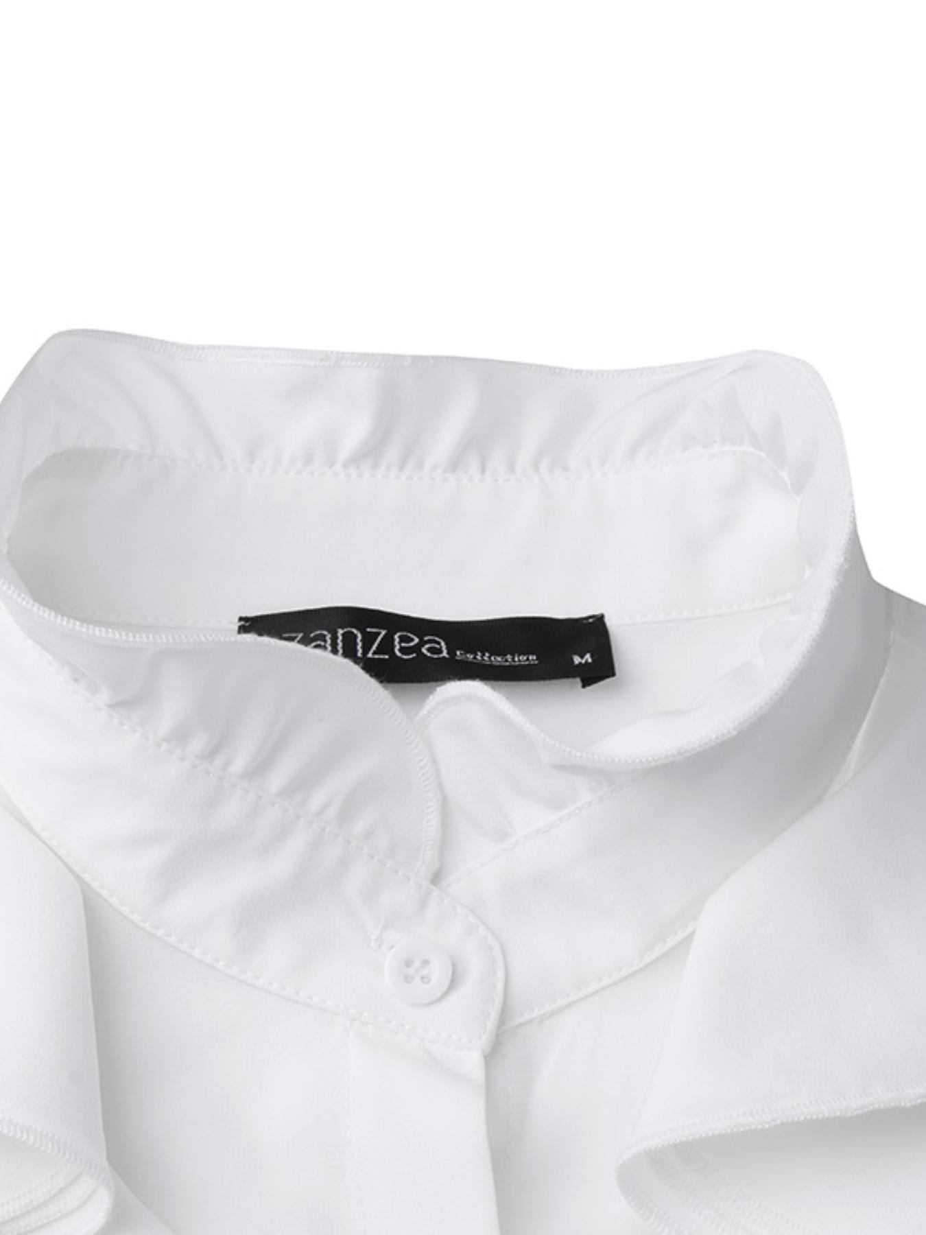 Women's Plain Ruffle Trim Button Front Blouse, Elegant Fitted Long Sleeve Stand Collar Top for Work Office Business, Women's Clothing for Fall & Winter