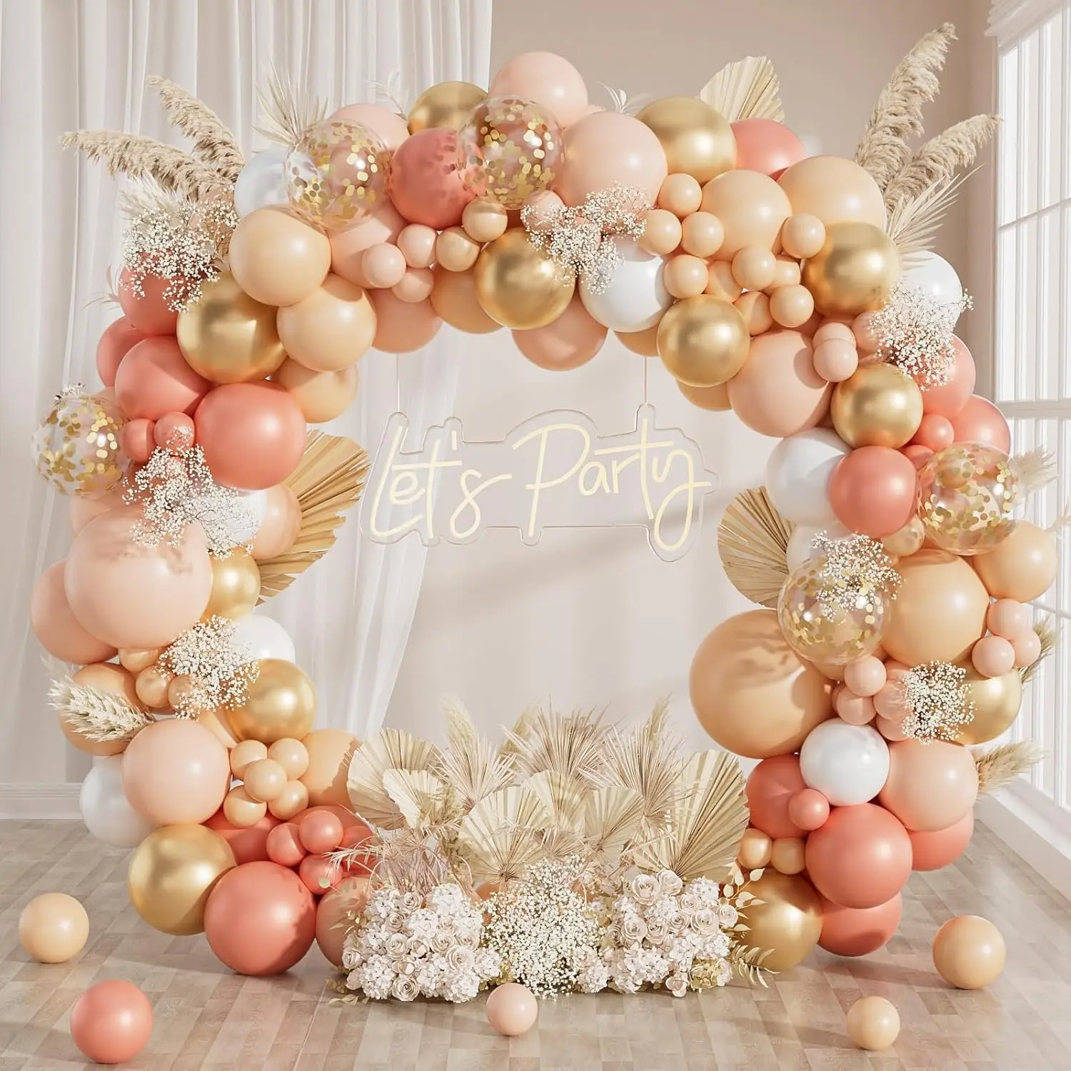 Peach Balloon Arch, Peach Balloons 125pcs with Pastel Orange Nude White Pearl Rose Gold Metallic Gold Confetti Balloons for Boho Shower Bridal Wedding Mothers Day Birthday Party Decorations