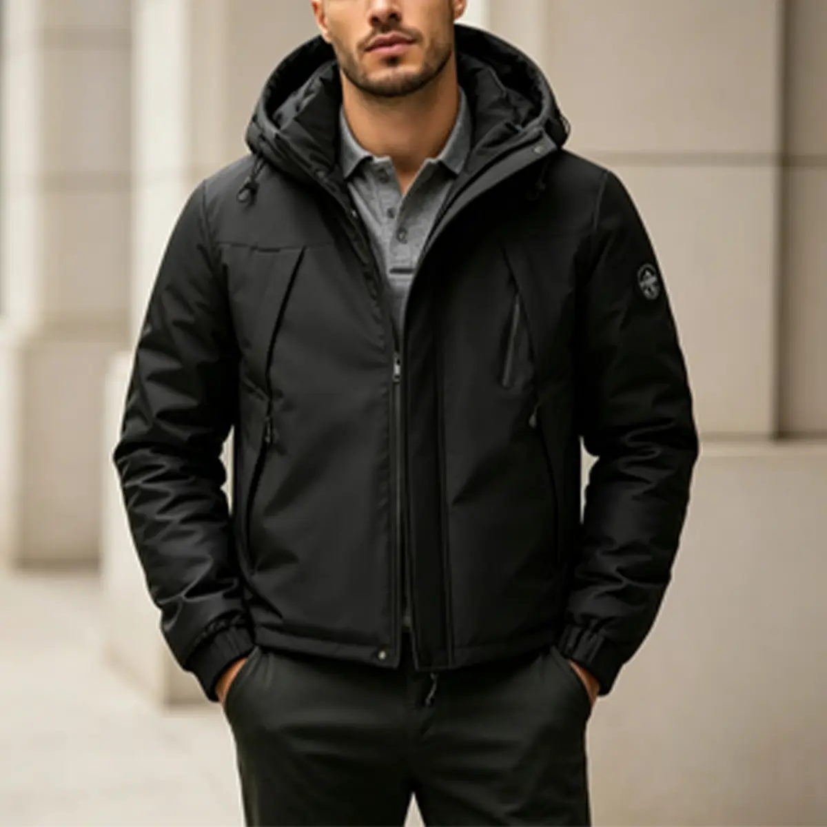 Men's Waterproof Hooded Casual Long Sleeve Menswear Coat - Adjustable Drawstring Hood Pocket, Multiple Zippered Storage Pockets, Elastic Cuffs, Breathable, Windproof Short Plain Jacket for Urban Commuting, Hiking