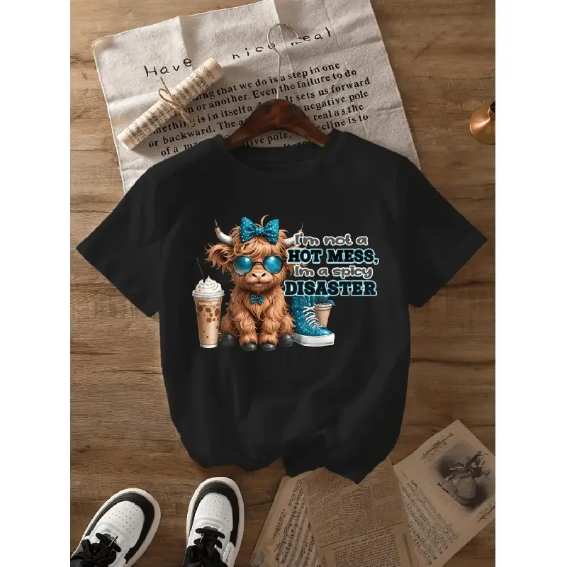 Stylish Plus Size Highland Cow Graphic Tee For Casual Summer Wear
