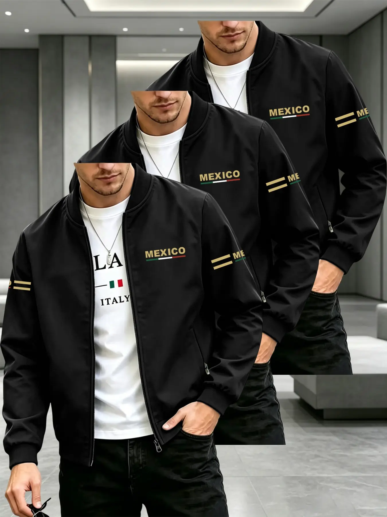 Men's Mexico City Theme Baseball Jacket, Plain Zipper Casual Pilot Coat, Fitted Baseball Style, All-Season Outerwear, Perfect Gift