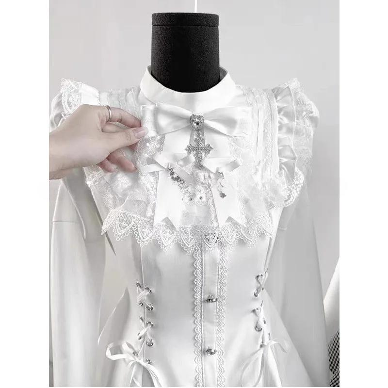 Y2k Aesthetic Lolita Style Bow Dress Shorts Set Women Kawaii Lace Flare Sleeve Bow Shirt Dress Japanese Punk Party Mini Dress