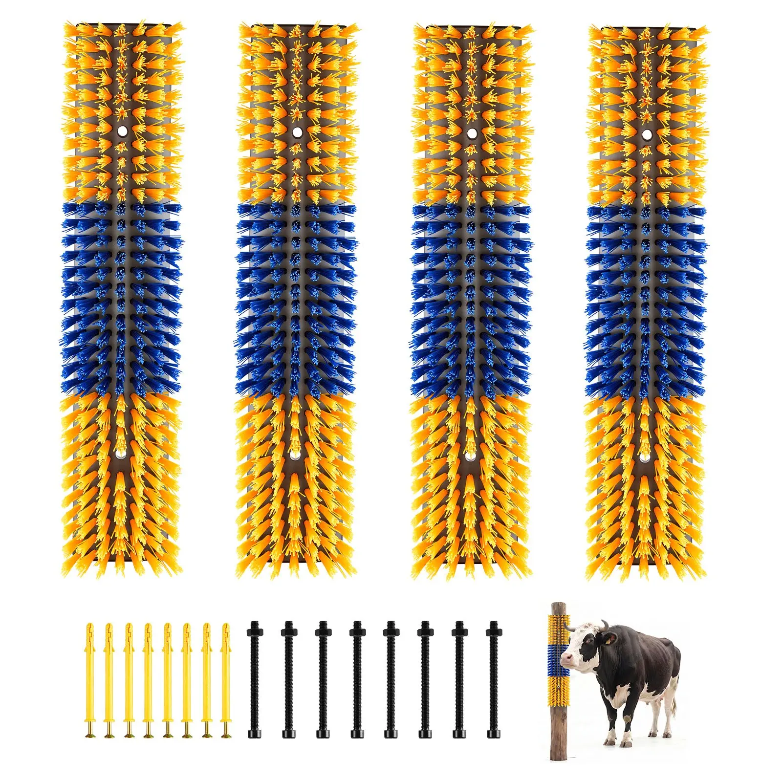 VEVOR Livestock Scratching Brush, 4PCS Goat Scratcher Brush Post with 16 Screws, 16.9" x 3.9" Cow Scratcher for Back Itch Relief, Massage Grooming Scratch Tool for Horse Cattle Sheep Pig, Yellow Blue