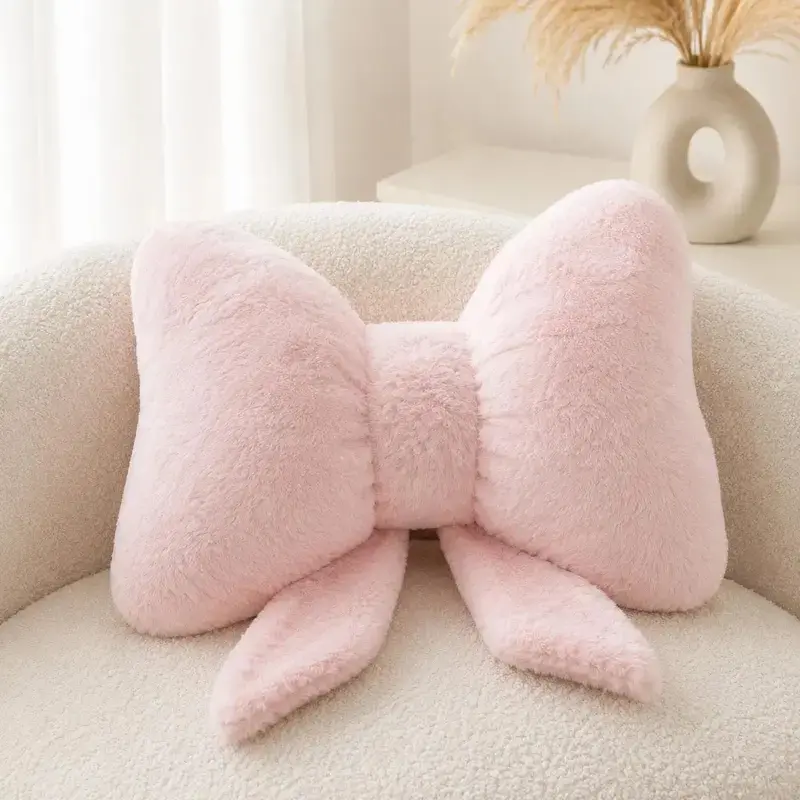 Coquette Bow Faux Fur Plush Lumbar Throw Pillow, 3D Ribbon Decorative Cushion, Valentine Gift for Girls, Room Decor