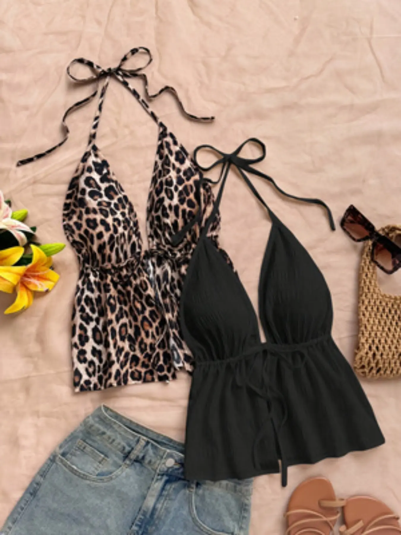 2-Pack Leopard Print Cami Tops, V-Neck Backless Slim Fit, Perfect for Vacations, Dates, Afternoon Tea, Music Festivals, Boho Style