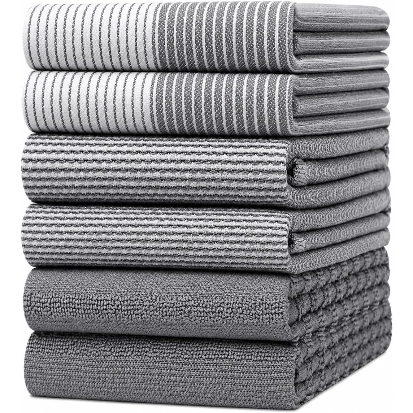 Premium Kitchen Towels 6 Pack 100% Cotton, 20"x28" Dish Towels - Grey | Large Flat & Terry Kitchen Linen Set with Hanging Loops, Highly Absorbent for Washing and Drying Dishes