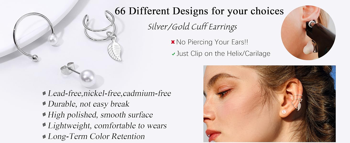 BESTEEL 66 Pcs Ear Cuff Earrings for Women Non Piercing, Hypoallergenic Fake Earringspearl, Silver Clip on Cartilage Earrings for Sensitive Ears, Gold Ear Wrap for Helix Cartilage magnetic earrings