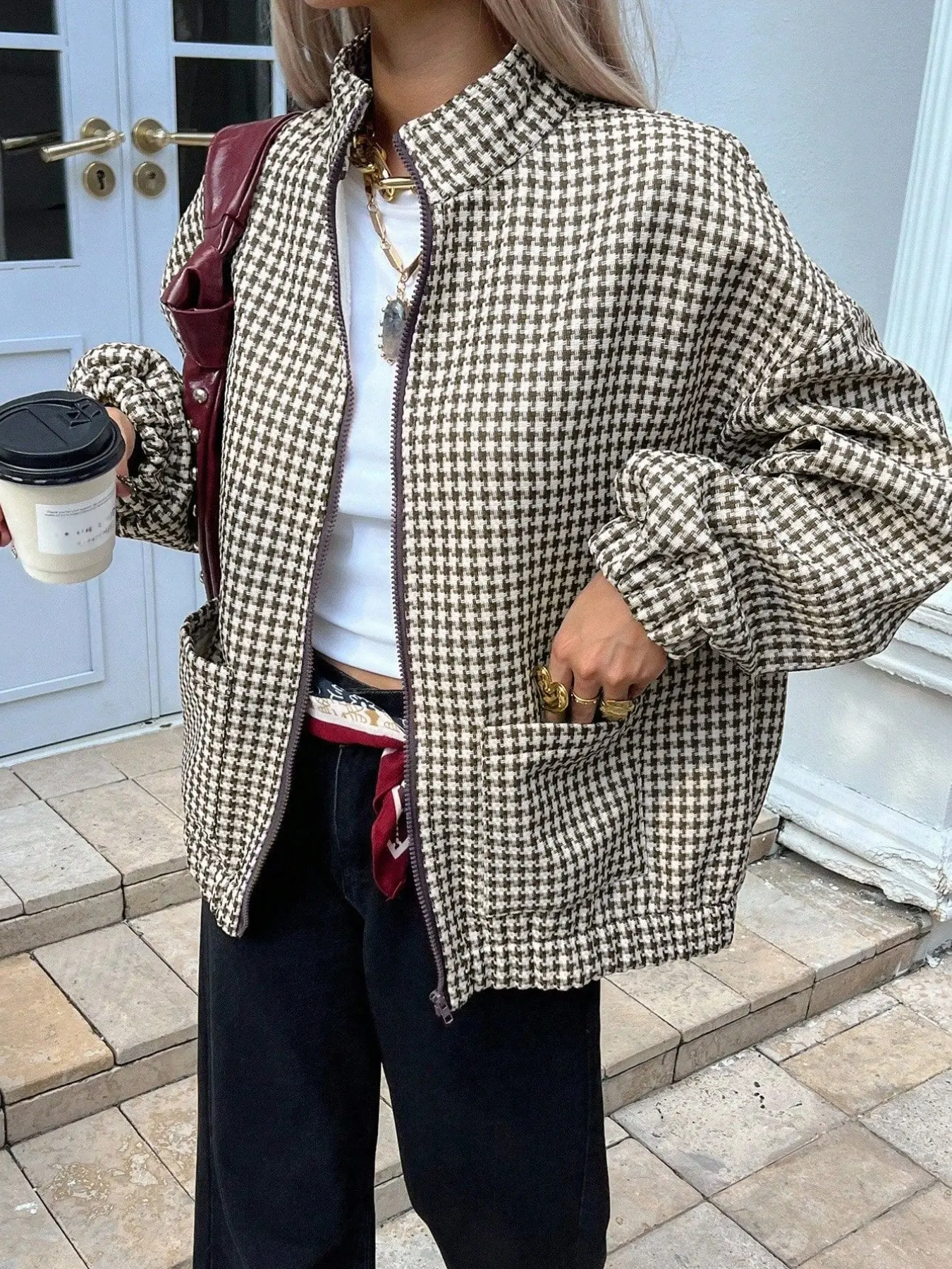 American Vintage Lazy Casual Style Stand Collar Long Sleeve Plaid Women’s Jacket, Loose Oversized Figure-Flattering Houndstooth Coat
