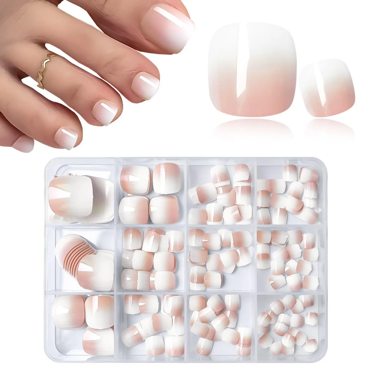 144pcs Short Square Gradient Toe Nails, Press On Nails, Glossy Full Coverage Removable Nail Stickers, Perfect for Daily Use and Party Events