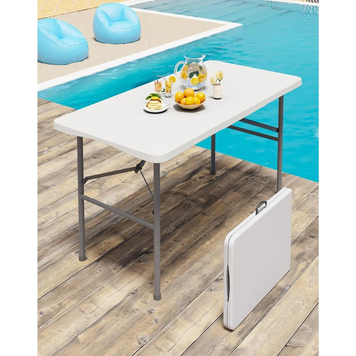 4FT White Folding Table for Outdoor, 4 Foot Picnic Tables No Assembly Required Portable, White Foldable Table for Camping, Parties, Meeting, Events, Wedding, BBQ, with Carrying Handle