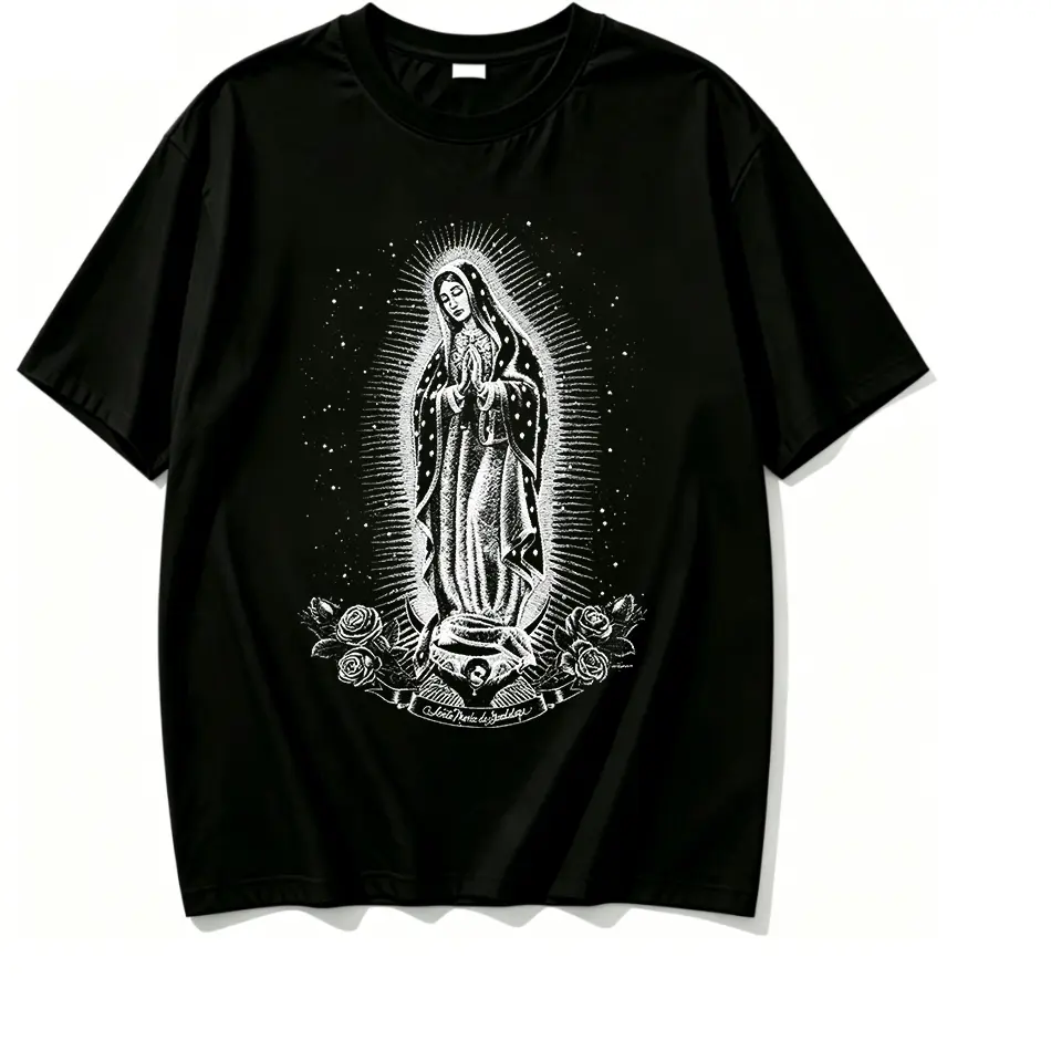 100% Cotton Black White Engraved Our Lady Of Guadalupe Virgin Mary Rose Vintage Religious Graphic T Shirt Classic Mexican Catholic Saint Art Print Soft Breathable Cotton Short Sleeve Faith Casual Top For Women Men