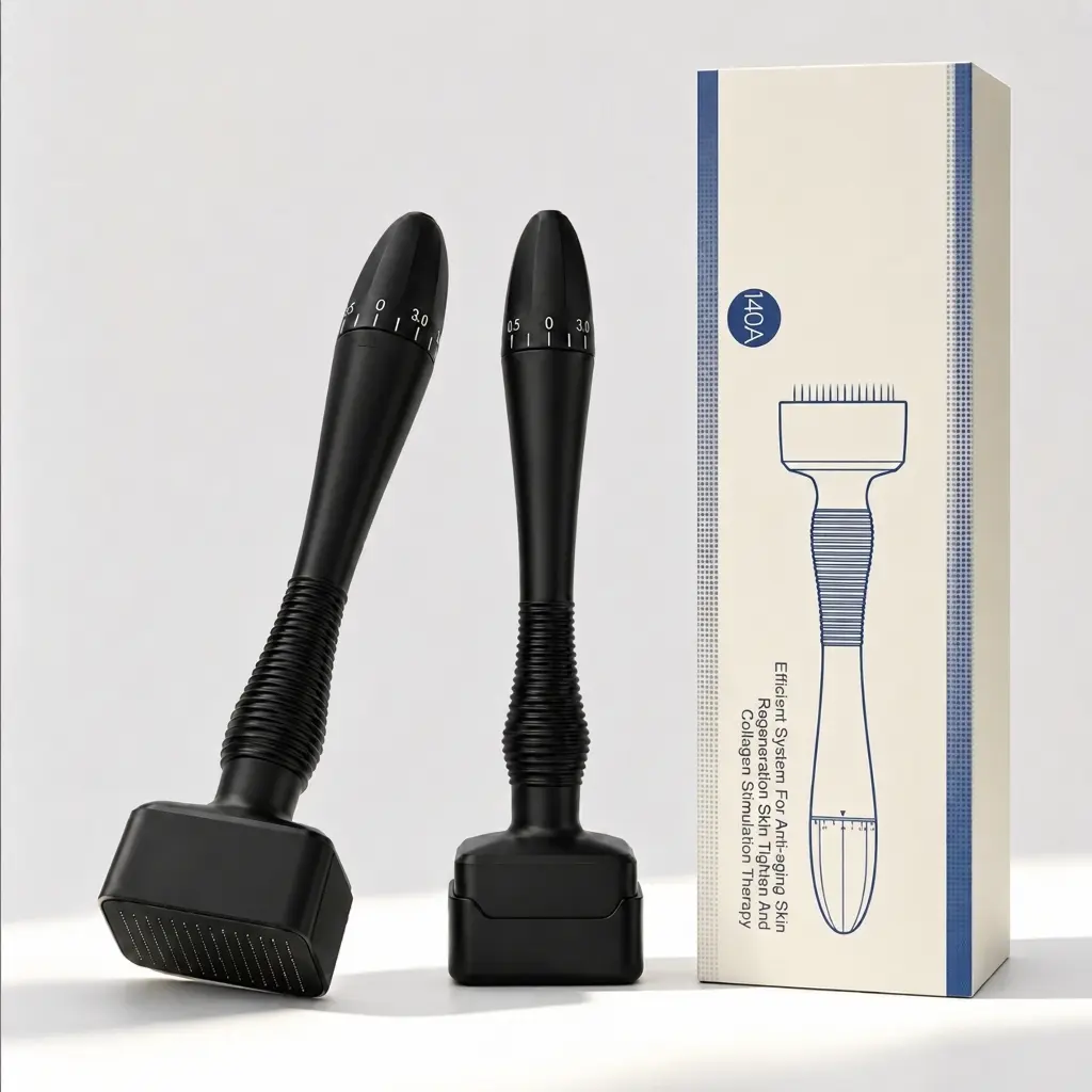 Adjustable Microneedle Derma Stamp 0–3.0mm, Black Skin Care Tool with Ergonomic Easy-Grip Handle & Stainless Steel Needles, Portable Precision Stamp for Face, Scalp & At-Home Beauty Routin