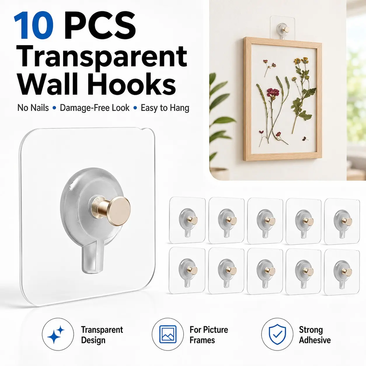 Wall Mount Hooks, Punch-Free Self-Adhesive Sticker Holder, Traceless Painting Hook, Kitchen & Bathroom Rack Stick Hook, Easy Installation